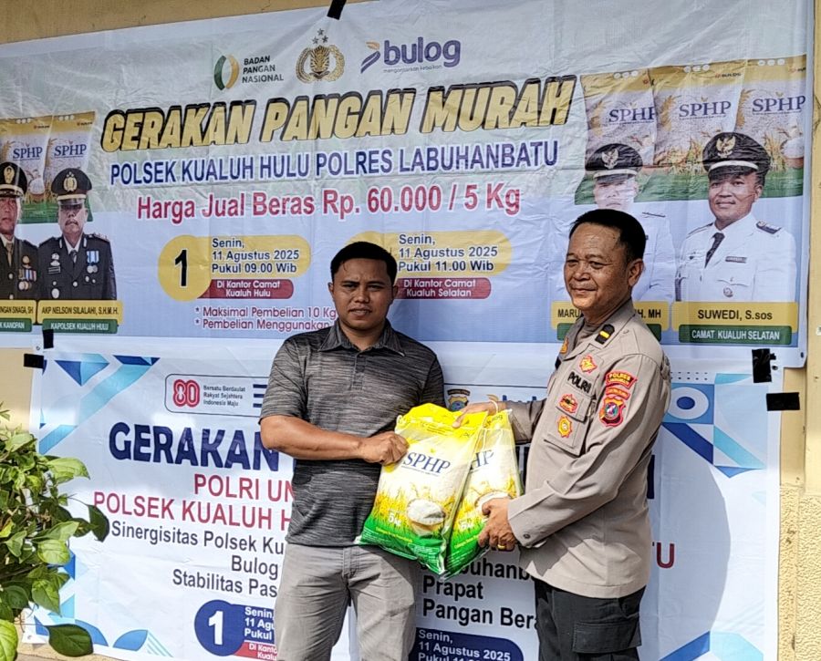 Polsek Kualuh Hulu Gelar Gerakan Pangan Murah, Salurkan 4 Ton Beras untuk Masyarakat