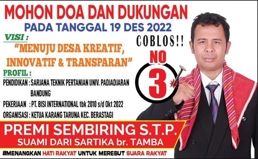 Premi Sembiring Calon Kepala Desa Rumah Berastagi/Ujung Aji Nomor Urut 3 Komitmen Mengabdi